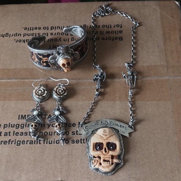 Signed Gothic Skull Jewelry Set - Silver and Cream Necklace, Bracelet, Earrings - Picture 1 of 11